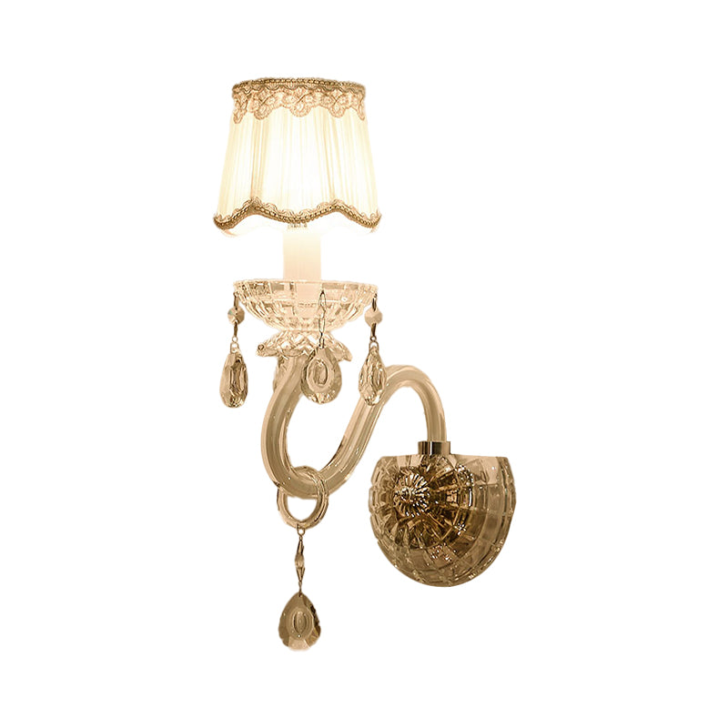 1/2-Light Candle Wall Lamp Traditional White Finish Clear Crystal Wall Light with Scalloped Barrel Pleated Fabric Shade Clearhalo 'Modern wall lights' 'Modern' 'Wall Lamps & Sconces' 'Wall Lights' Lighting' 1440022