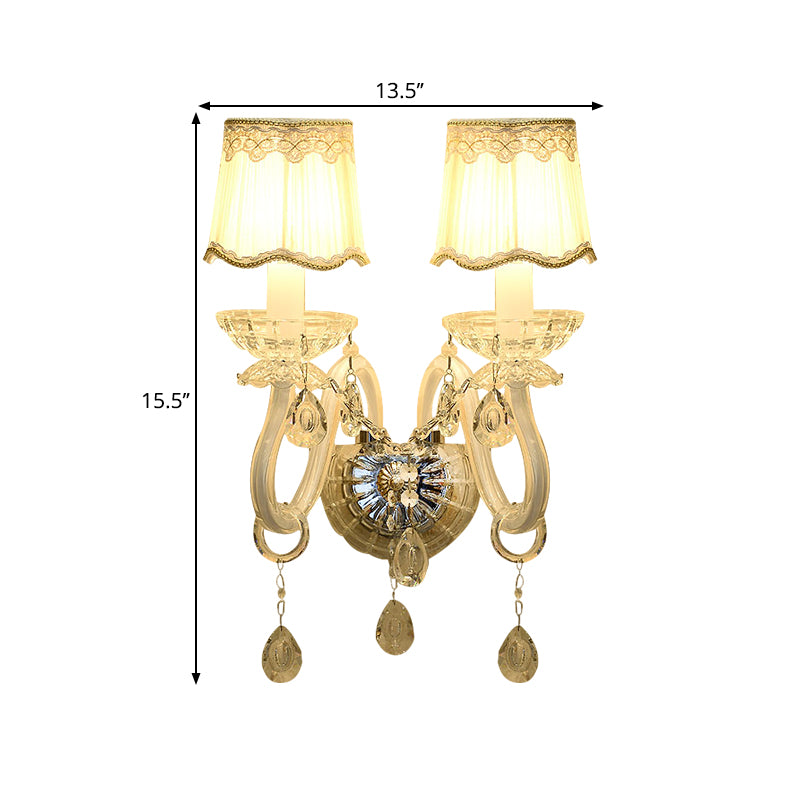 1/2-Light Candle Wall Lamp Traditional White Finish Clear Crystal Wall Light with Scalloped Barrel Pleated Fabric Shade Clearhalo 'Modern wall lights' 'Modern' 'Wall Lamps & Sconces' 'Wall Lights' Lighting' 1440027