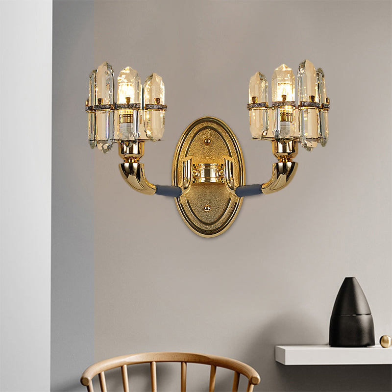 Post Modern Arched Wall Mount Lamp Crystal Panel 1/2-Bulb Bedside Wall Lighting in Blue and Gold 2.0 Blue Clearhalo 'Modern wall lights' 'Modern' 'Wall Lamps & Sconces' 'Wall Lights' Lighting' 1440028