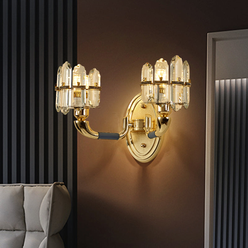 Post Modern Arched Wall Mount Lamp Crystal Panel 1/2-Bulb Bedside Wall Lighting in Blue and Gold Clearhalo 'Modern wall lights' 'Modern' 'Wall Lamps & Sconces' 'Wall Lights' Lighting' 1440033