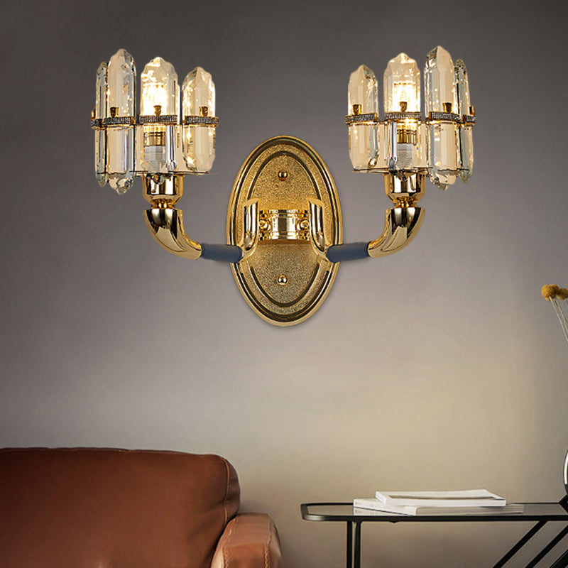 Post Modern Arched Wall Mount Lamp Crystal Panel 1/2-Bulb Bedside Wall Lighting in Blue and Gold Clearhalo 'Modern wall lights' 'Modern' 'Wall Lamps & Sconces' 'Wall Lights' Lighting' 1440034