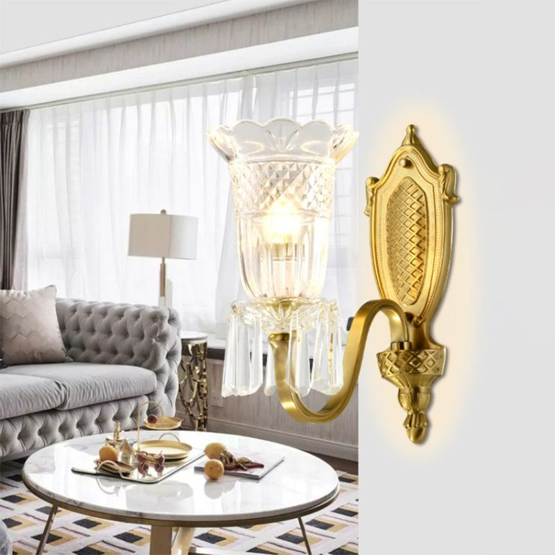 Vintage Floral Shade Up Wall Light 1 Light Clear Crystal Glass Wall Mounted Lamp in Gold Clearhalo 'Modern wall lights' 'Modern' 'Wall Lamps & Sconces' 'Wall Lights' Lighting' 1440038