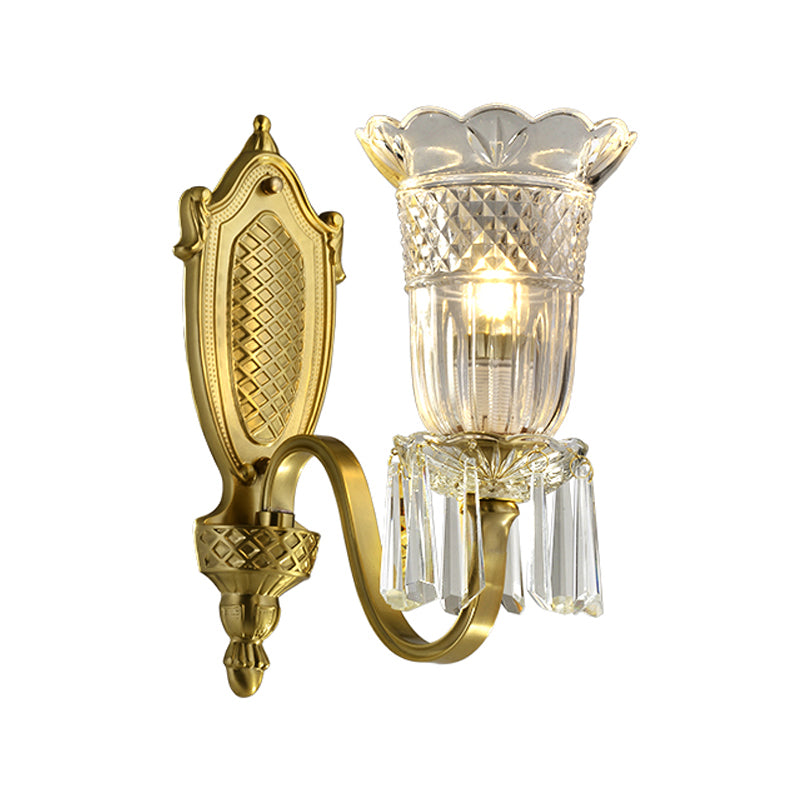 Vintage Floral Shade Up Wall Light 1 Light Clear Crystal Glass Wall Mounted Lamp in Gold Clearhalo 'Modern wall lights' 'Modern' 'Wall Lamps & Sconces' 'Wall Lights' Lighting' 1440039