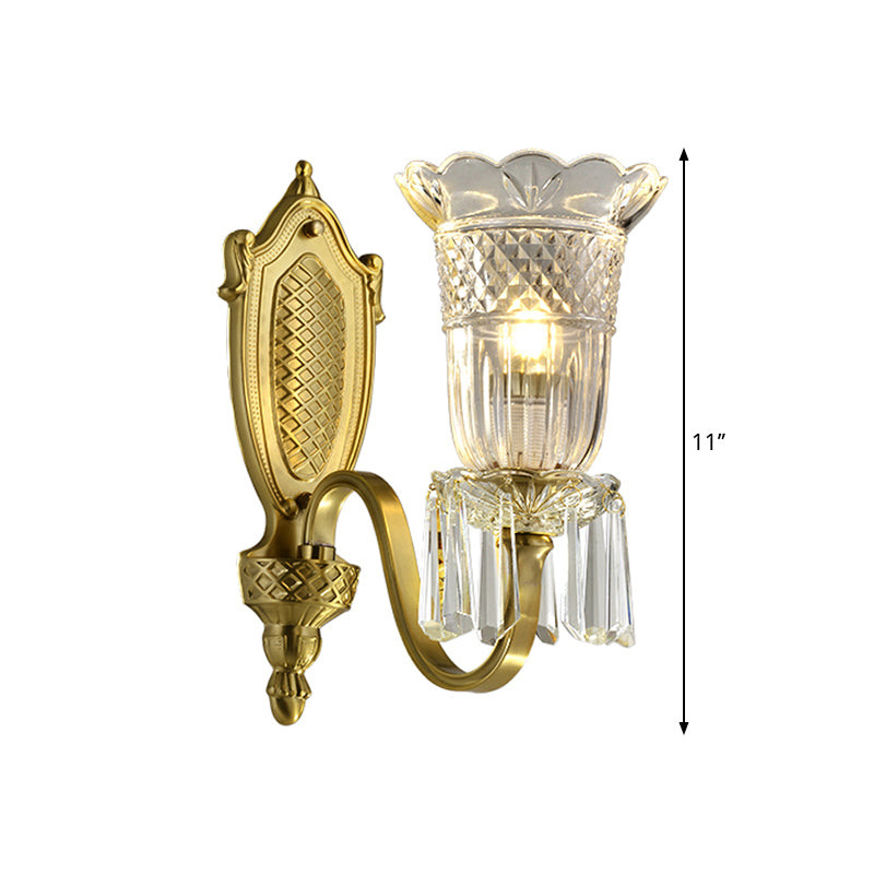 Vintage Floral Shade Up Wall Light 1 Light Clear Crystal Glass Wall Mounted Lamp in Gold Clearhalo 'Modern wall lights' 'Modern' 'Wall Lamps & Sconces' 'Wall Lights' Lighting' 1440040