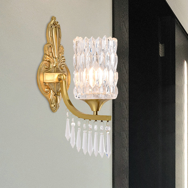 Gold Column Shade Wall Lamp Fixture Postmodern 1 Bulb Clear Crystal Wall Lighting Idea with Droplet Gold Clearhalo 'Modern wall lights' 'Modern' 'Wall Lamps & Sconces' 'Wall Lights' Lighting' 1440041