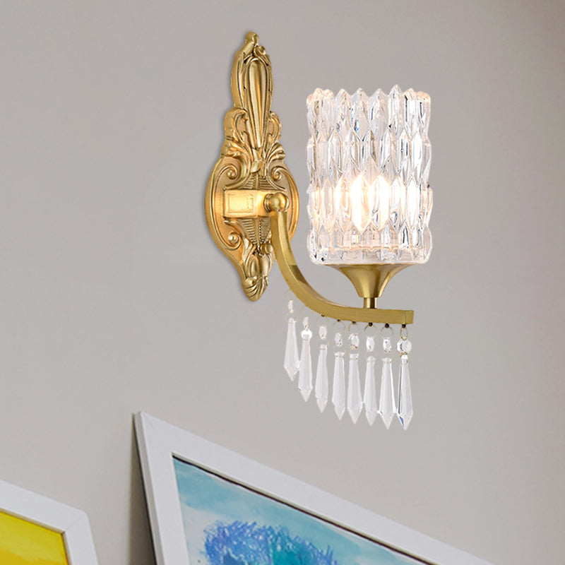 Gold Column Shade Wall Lamp Fixture Postmodern 1 Bulb Clear Crystal Wall Lighting Idea with Droplet Clearhalo 'Modern wall lights' 'Modern' 'Wall Lamps & Sconces' 'Wall Lights' Lighting' 1440042