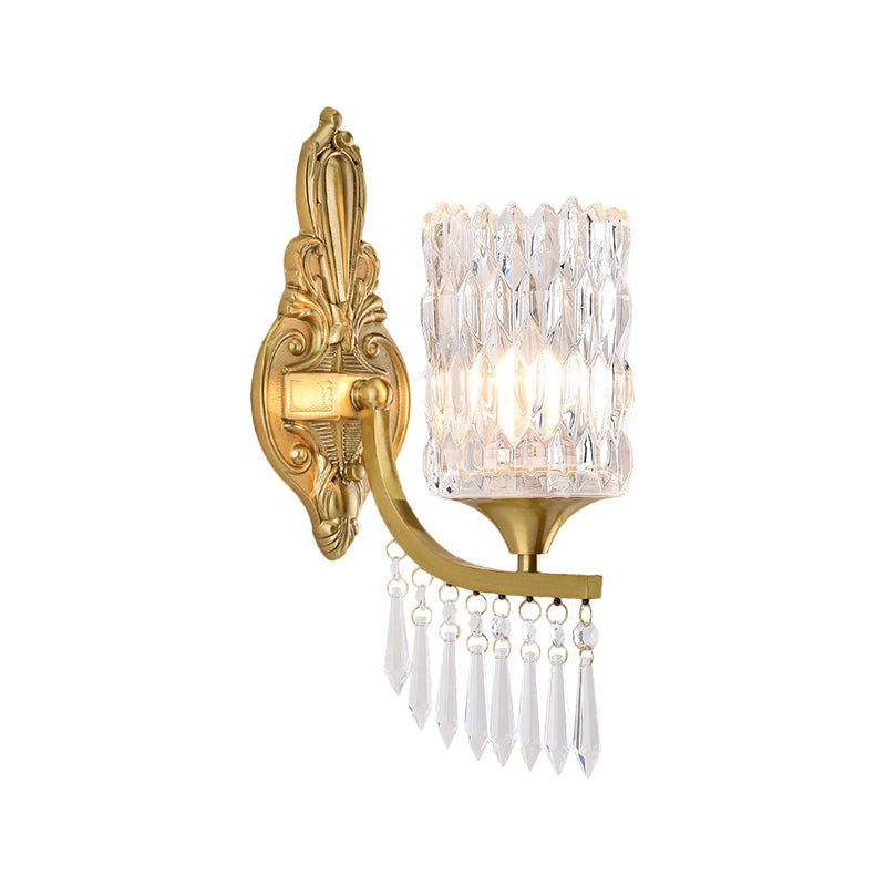Gold Column Shade Wall Lamp Fixture Postmodern 1 Bulb Clear Crystal Wall Lighting Idea with Droplet Clearhalo 'Modern wall lights' 'Modern' 'Wall Lamps & Sconces' 'Wall Lights' Lighting' 1440043