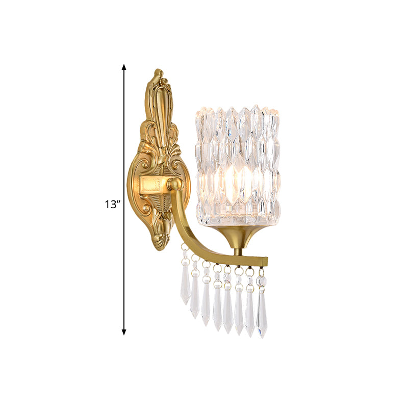 Gold Column Shade Wall Lamp Fixture Postmodern 1 Bulb Clear Crystal Wall Lighting Idea with Droplet Clearhalo 'Modern wall lights' 'Modern' 'Wall Lamps & Sconces' 'Wall Lights' Lighting' 1440044