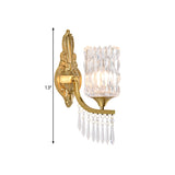 Gold Column Shade Wall Lamp Fixture Postmodern 1 Bulb Clear Crystal Wall Lighting Idea with Droplet Clearhalo 'Modern wall lights' 'Modern' 'Wall Lamps & Sconces' 'Wall Lights' Lighting' 1440044