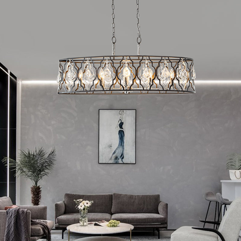 Drum Frame Island Pendant Light Modernist Metal 8 Bulbs Black Suspension Lamp with Crystal Block Accent Black Clearhalo 'Ceiling Lights' 'Island Lights' Lighting' 1440045