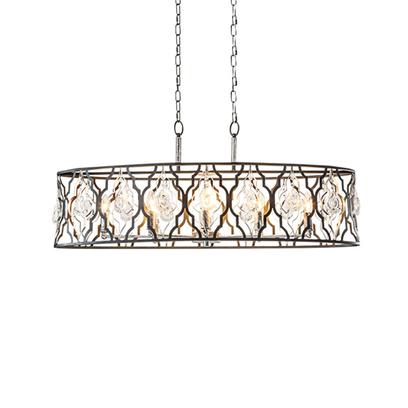 Drum Frame Island Pendant Light Modernist Metal 8 Bulbs Black Suspension Lamp with Crystal Block Accent Clearhalo 'Ceiling Lights' 'Island Lights' Lighting' 1440046