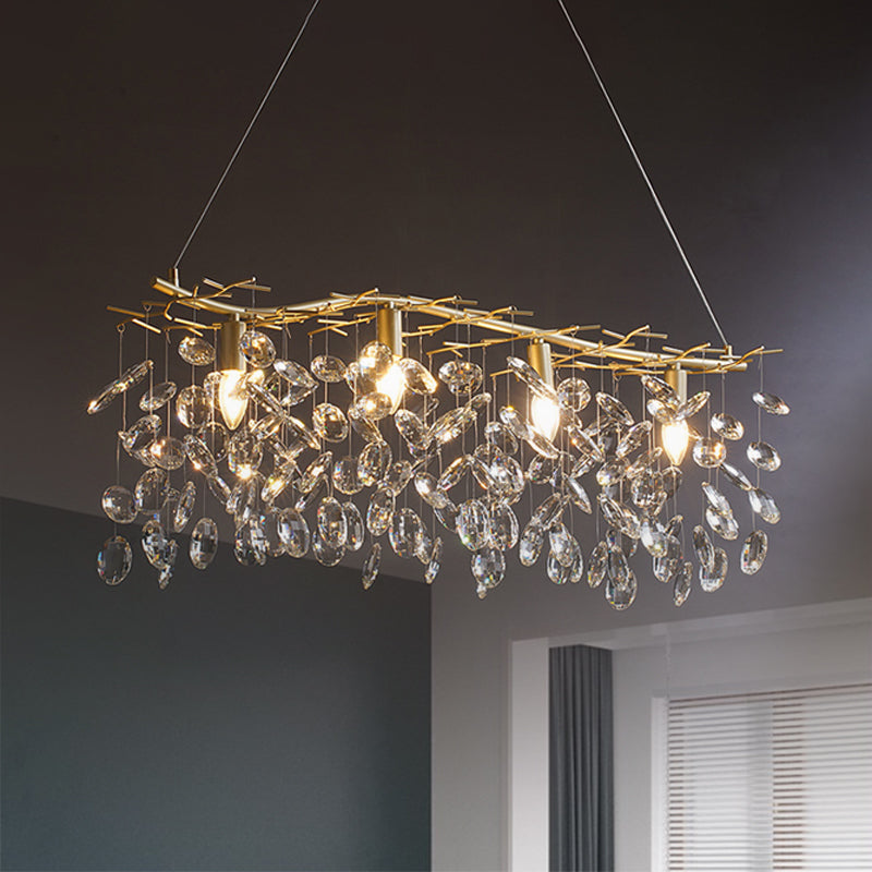 Gold Branching Island Hanging Lamp Modernism 4-Bulb Metallic Pendulum Light with Crystal Droplets Clearhalo 'Ceiling Lights' 'Island Lights' Lighting' 1440050