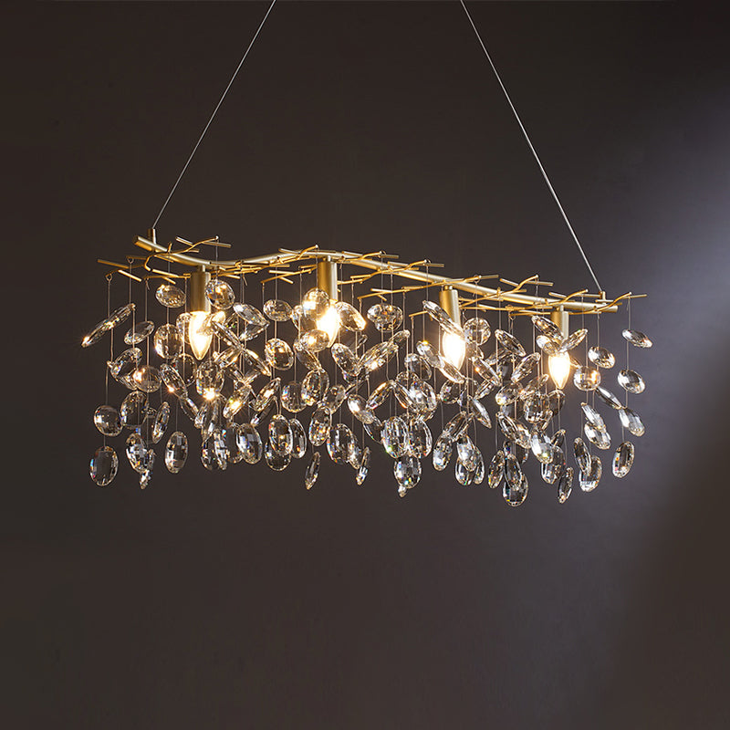 Gold Branching Island Hanging Lamp Modernism 4-Bulb Metallic Pendulum Light with Crystal Droplets Clearhalo 'Ceiling Lights' 'Island Lights' Lighting' 1440051