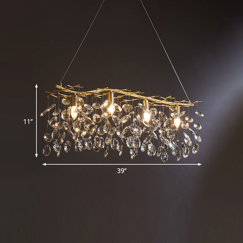 Gold Branching Island Hanging Lamp Modernism 4-Bulb Metallic Pendulum Light with Crystal Droplets Clearhalo 'Ceiling Lights' 'Island Lights' Lighting' 1440052