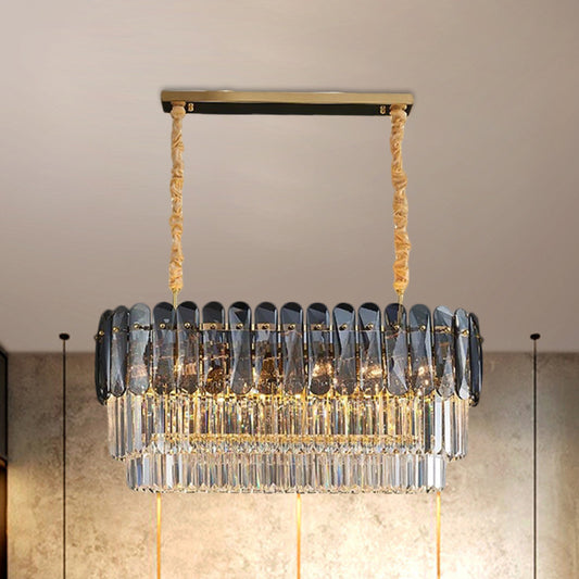 3-Tier Rectangular Dining Room Pendant Amber/Smoke Gray Crystal Block 12-Light Contemporary Island Lamp Smoke Gray Clearhalo 'Ceiling Lights' 'Island Lights' Lighting' 1440053