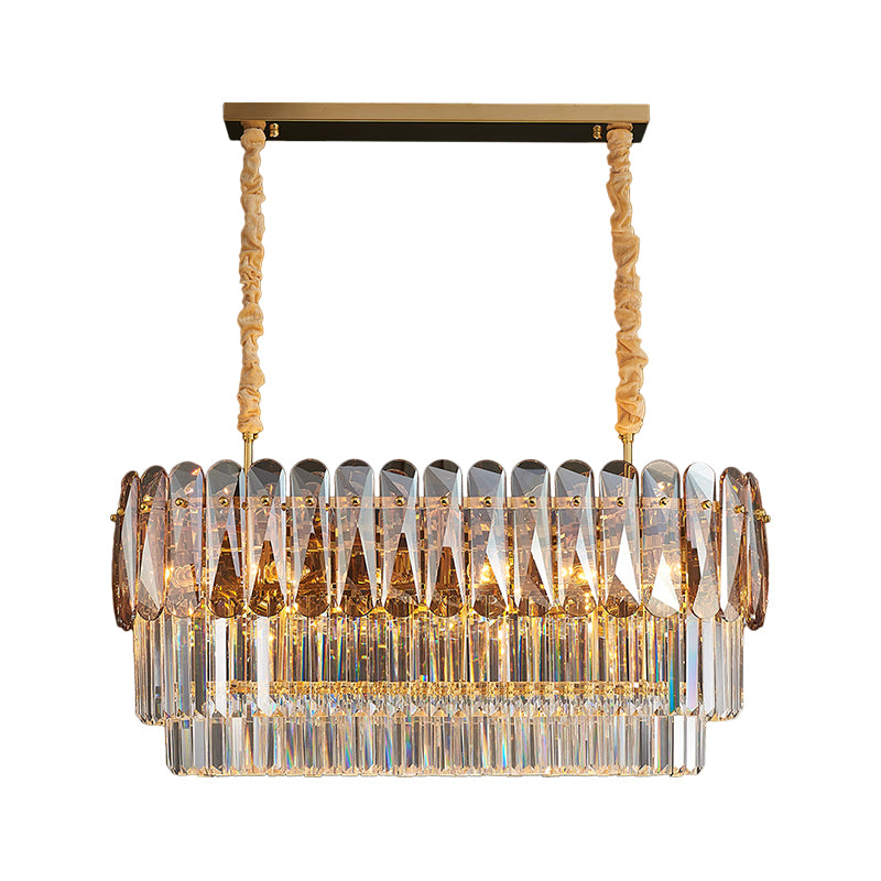 3-Tier Rectangular Dining Room Pendant Amber/Smoke Gray Crystal Block 12-Light Contemporary Island Lamp Clearhalo 'Ceiling Lights' 'Island Lights' Lighting' 1440060