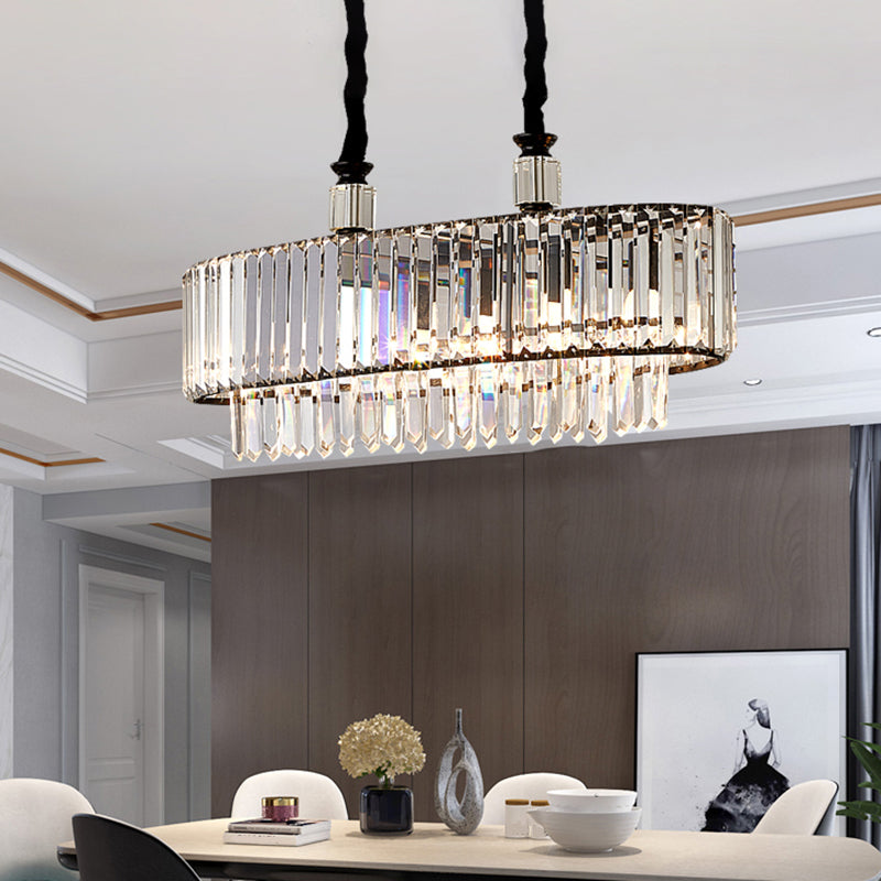 4/6 Heads Dining Room Island Lighting Contemporary Black Hanging Ceiling Lamp with Rectangle Crystal Prisms Shade, 27.5"/35.5" Wide Black Clearhalo 'Ceiling Lights' 'Island Lights' Lighting' 1440061