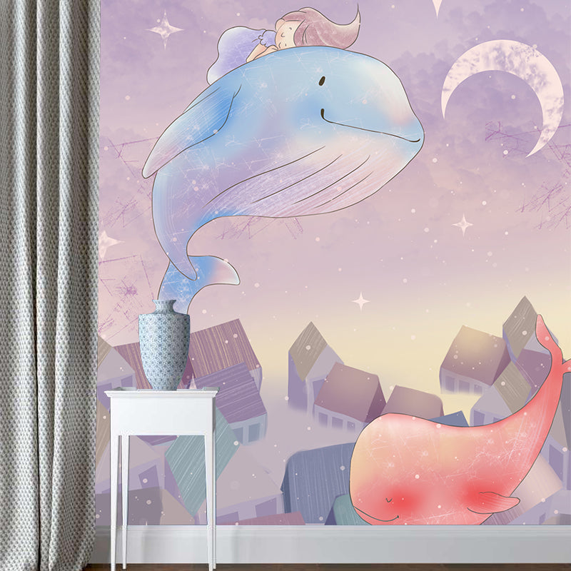 Girl Fishing on Whale Mural Pink-Blue Childrens Art Wall Covering for Kids  Bedroom - Clearhalo