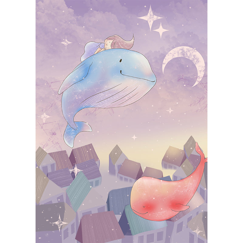 Dreamy Girl Riding Whale Mural for Bedroom Cartoon Wall Decor, Personalized  Size - Clearhalo