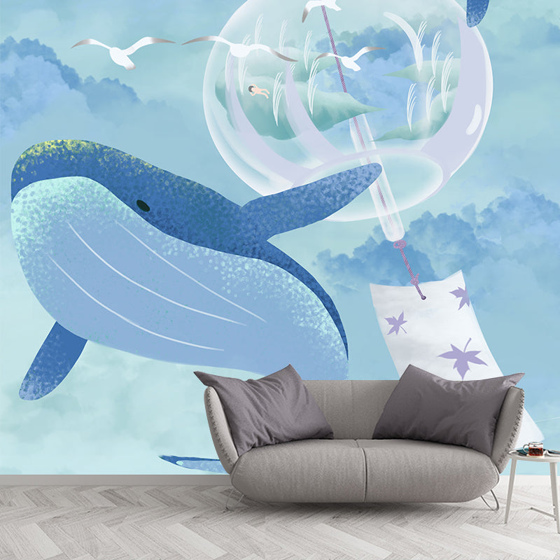 Blue Cartoon Wallpaper Mural Whole Whale and Gulls in Sky Pattern Wall Art for Bedroom Blue Clearhalo 'Wall Decor' 'Wall Mural' 1440561