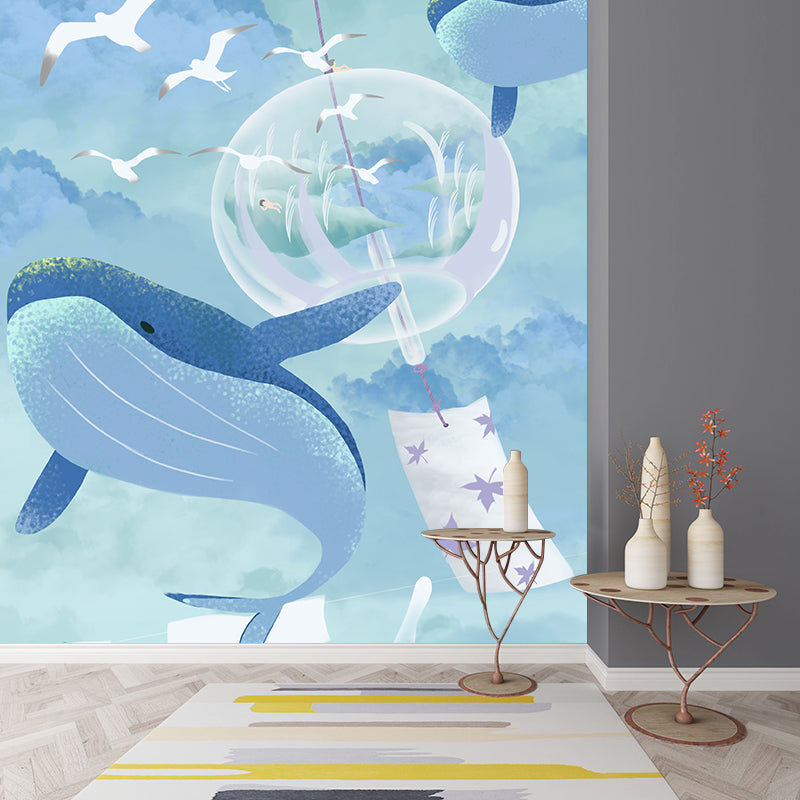 Blue Cartoon Wallpaper Mural Whole Whale and Gulls in Sky Pattern Wall Art for Bedroom Clearhalo 'Wall Decor' 'Wall Mural' 1440562