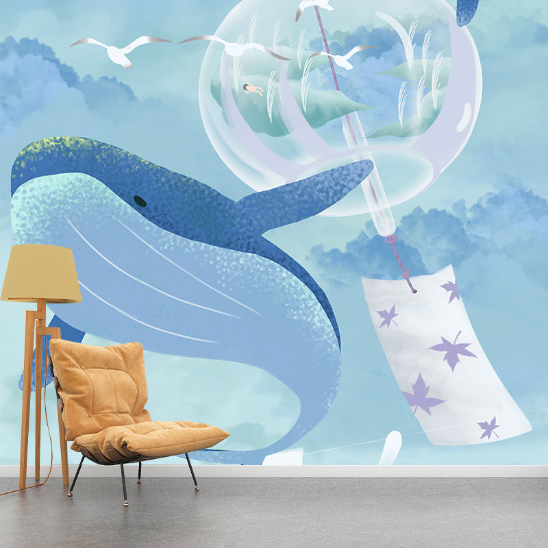 Blue Cartoon Wallpaper Mural Whole Whale and Gulls in Sky Pattern Wall Art for Bedroom Clearhalo 'Wall Decor' 'Wall Mural' 1440563