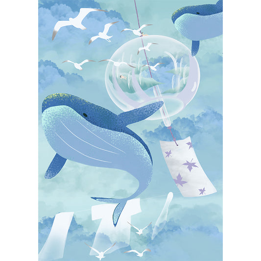 Blue Cartoon Wallpaper Mural Whole Whale and Gulls in Sky Pattern Wall Art for Bedroom Clearhalo 'Wall Decor' 'Wall Mural' 1440564