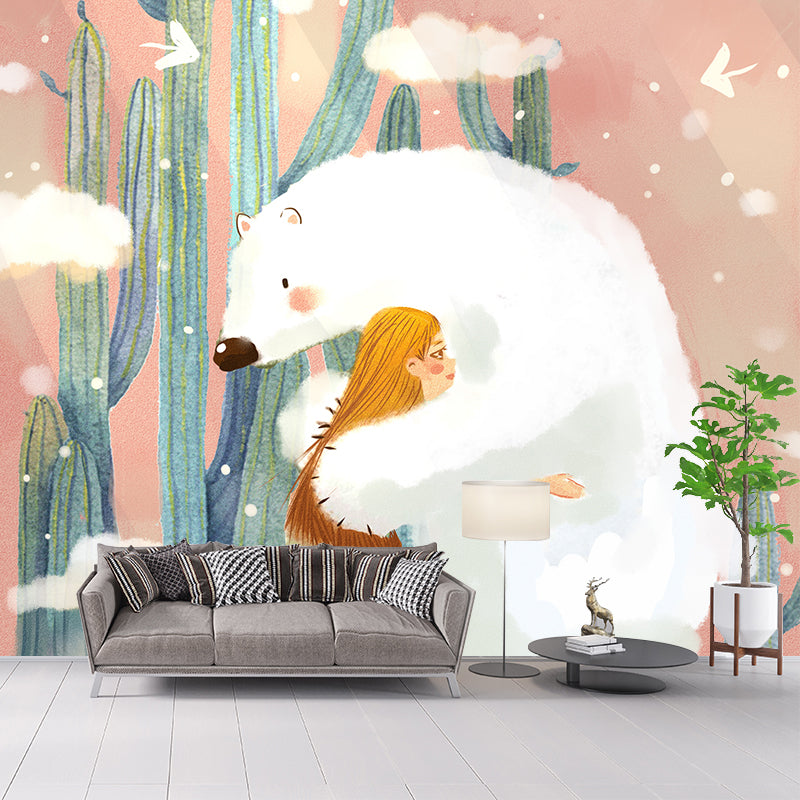 Bear and Girl Hug Mural Artistic Non-Woven Material Wall Decor in Pink and White Clearhalo 'Wall Decor' 'Wall Mural' 1440572