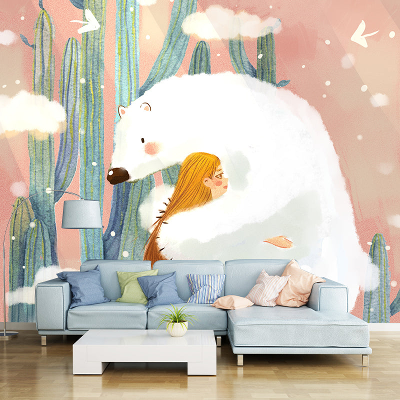 Bear and Girl Hug Mural Artistic Non-Woven Material Wall Decor in Pink and White Clearhalo 'Wall Decor' 'Wall Mural' 1440573