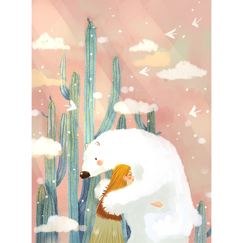 Bear and Girl Hug Mural Artistic Non-Woven Material Wall Decor in Pink and White Clearhalo 'Wall Decor' 'Wall Mural' 1440574