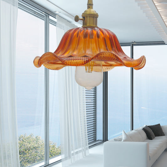 8"/10"/12" Wide Scalloped Pendant Lighting Vintage 1 Light Ribbed Glass Hanging Lamp in Yellow for Living Room Yellow Clearhalo 'Ceiling Lights' 'Glass shade' 'Glass' 'Industrial Pendants' 'Industrial' 'Middle Century Pendants' 'Pendant Lights' 'Pendants' 'Tiffany' Lighting' 144058