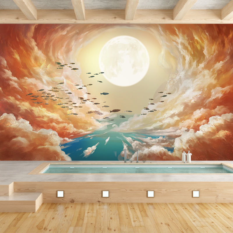 Super Moon and Cloud Mural Yellow-Blue Childrens Art Wall Covering for Living Room Yellow-Blue Clearhalo 'Wall Decor' 'Wall Mural' 1440621