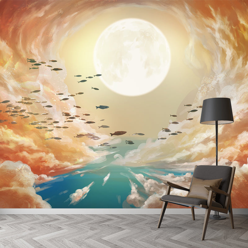 Super Moon and Cloud Mural Yellow-Blue Childrens Art Wall Covering for Living Room Clearhalo 'Wall Decor' 'Wall Mural' 1440623