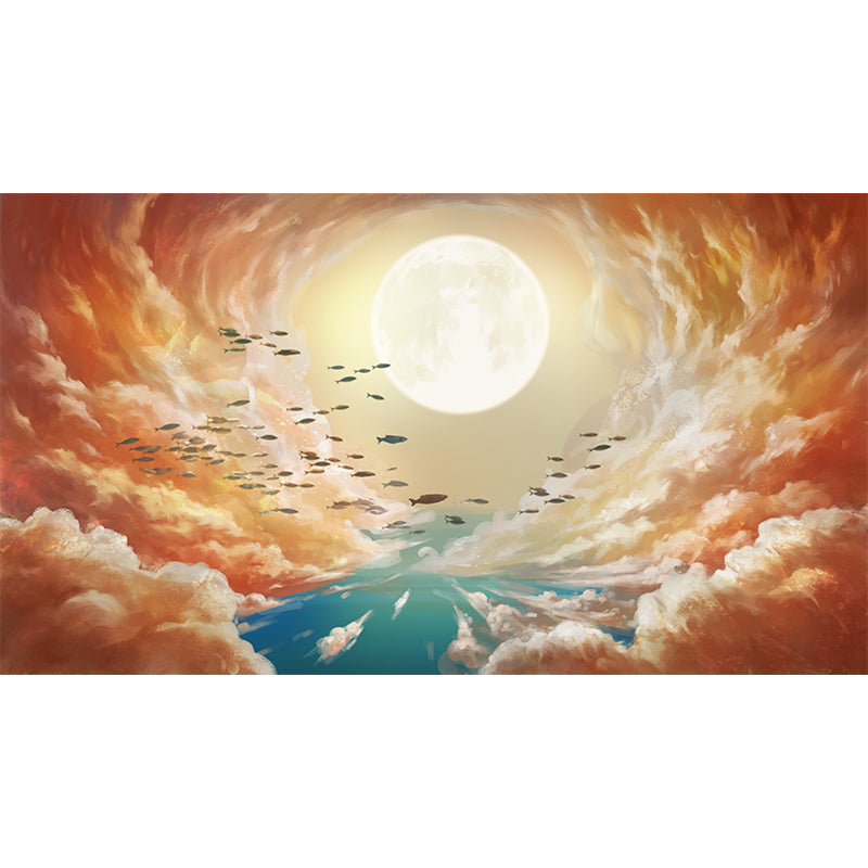 Super Moon and Cloud Mural Yellow-Blue Childrens Art Wall Covering for Living Room Clearhalo 'Wall Decor' 'Wall Mural' 1440624