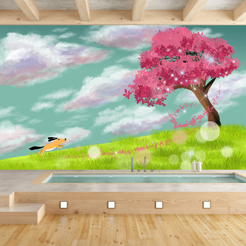 Whole Dog Running Mural Kids Alone Cherry Tree in Meadow Wall Decor in Pink-Green Pink-Green Clearhalo 'Wall Decor' 'Wall Mural' 1440631