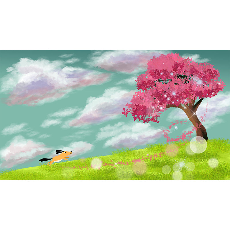 Whole Dog Running Mural Kids Alone Cherry Tree in Meadow Wall Decor in Pink-Green Clearhalo 'Wall Decor' 'Wall Mural' 1440634