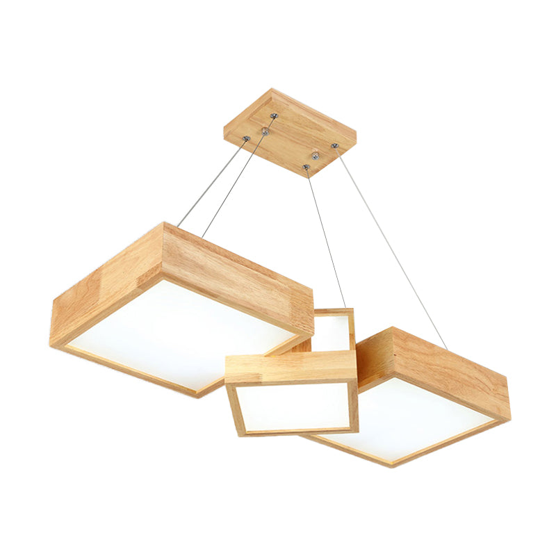 Modern Rhombus/Square LED Chandelier Pendant Wooden 3-Light Bedroom Ceiling Lamp in Warm/White Clearhalo 'Ceiling Lights' 'Chandeliers' Lighting' options 144084