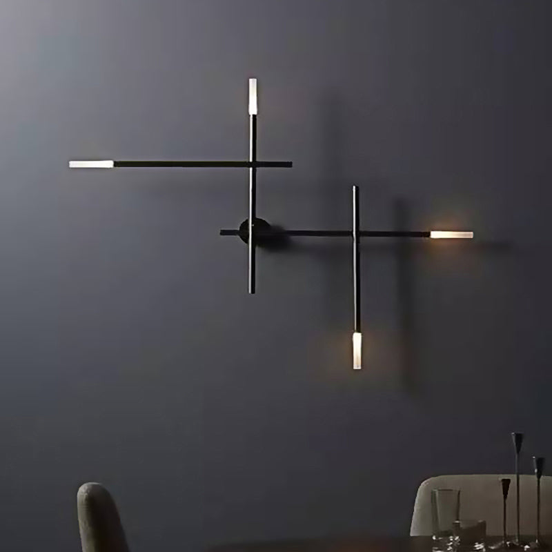 Black Finish Linear Wall Sconce with Cross Shape Industrial Metal 4 Lights Living Room Wall Mount Light Black Clearhalo 'Art deco wall lights' 'Cast Iron' 'Glass' 'Industrial wall lights' 'Industrial' 'Middle century wall lights' 'Modern' 'Rustic wall lights' 'Tiffany' 'Traditional wall lights' 'Wall Lamps & Sconces' 'Wall Lights' Lighting' 144240
