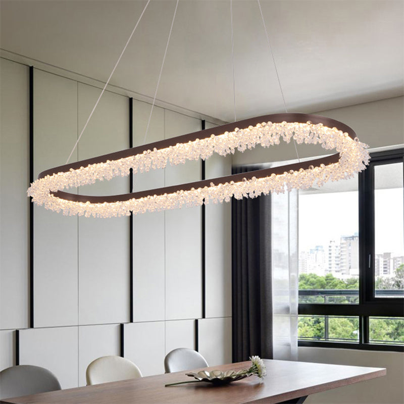 Elliptical Chandelier Pendant Light Contemporary Crystal Brown LED Suspension Lamp in Warm/White/Natural Light, 35.5"/47" Wide Brown Clearhalo 'Ceiling Lights' 'Chandeliers' 'Modern Chandeliers' 'Modern' Lighting' 144249