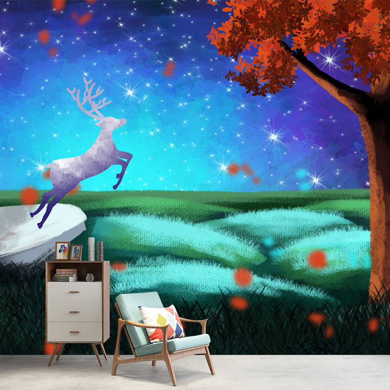 Blue-Orange Childrens Art Mural Big Deer in Starry Night Forest Wall Decor for Bedroom Blue-Orange Clearhalo 'Wall Decor' 'Wall Mural' 1442649