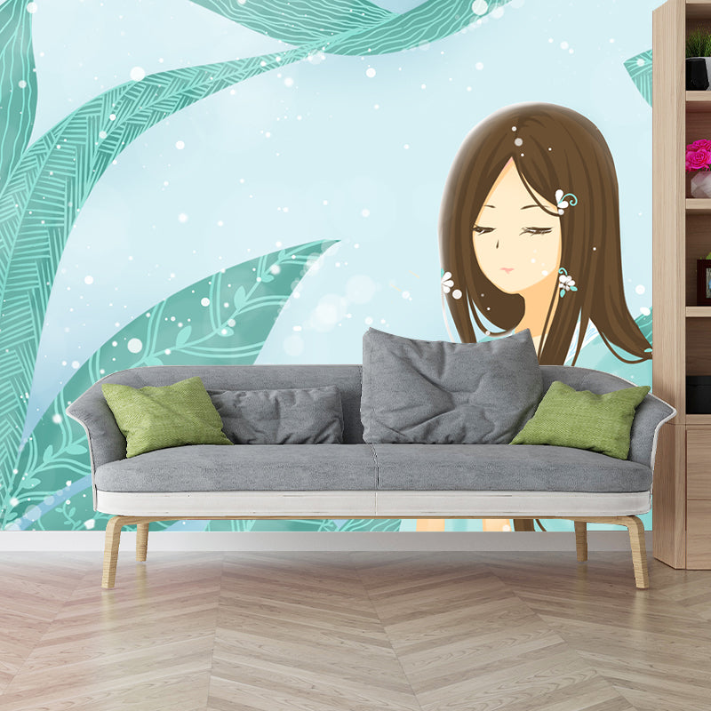 Aqua Leaf and Girl Mural Wallpaper Waterproofing Childrens Art Bedroom Wall Decor Aqua Clearhalo 'Wall Decor' 'Wall Mural' 1442723