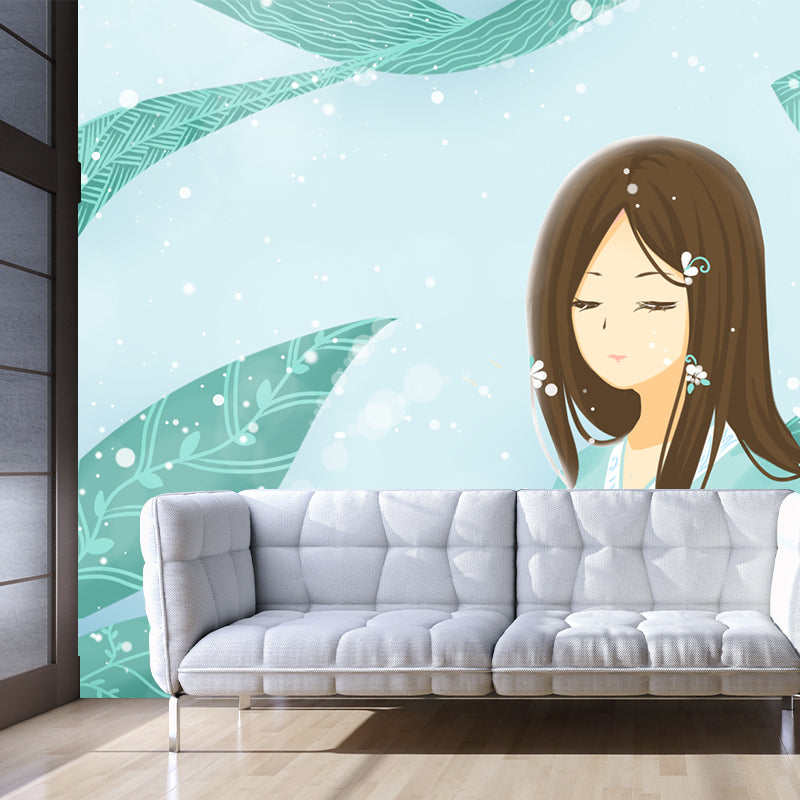 Aqua Leaf and Girl Mural Wallpaper Waterproofing Childrens Art Bedroom Wall Decor Clearhalo 'Wall Decor' 'Wall Mural' 1442725