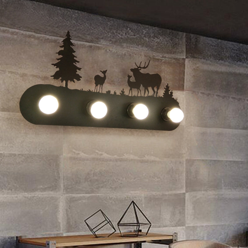 Lodge Open Bulb Wall Light with Elk/Horse/Sheep/Mountain/Windmill/Tree Design 4 Bulbs Metallic Wall Sconce in Black for Indoor Black Elk Clearhalo 'Wall Lamps & Sconces' 'Wall Lights' Lighting' 144327