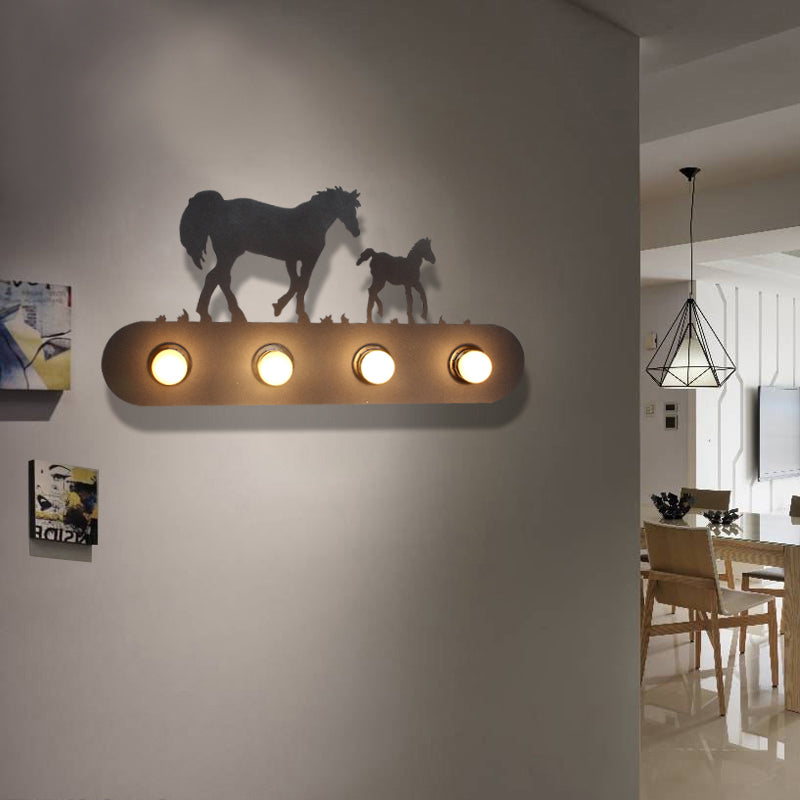 Lodge Open Bulb Wall Light with Elk/Horse/Sheep/Mountain/Windmill/Tree Design 4 Bulbs Metallic Wall Sconce in Black for Indoor Black Horse Clearhalo 'Wall Lamps & Sconces' 'Wall Lights' Lighting' 144331