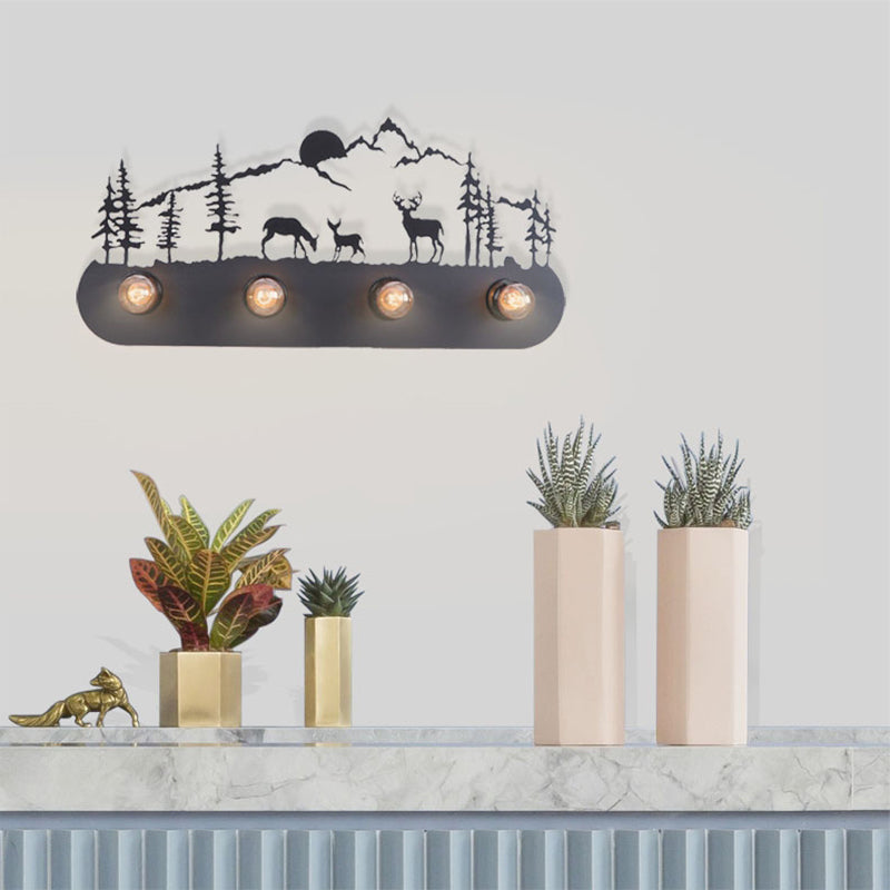 Lodge Open Bulb Wall Light with Elk/Horse/Sheep/Mountain/Windmill/Tree Design 4 Bulbs Metallic Wall Sconce in Black for Indoor Black Mountain Clearhalo 'Wall Lamps & Sconces' 'Wall Lights' Lighting' 144339