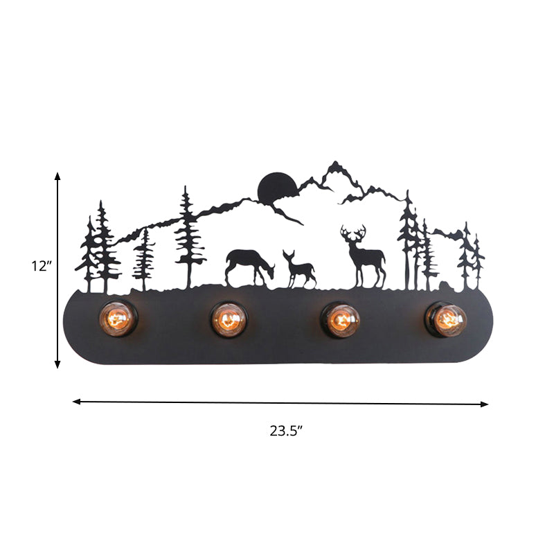 Lodge Open Bulb Wall Light with Elk/Horse/Sheep/Mountain/Windmill/Tree Design 4 Bulbs Metallic Wall Sconce in Black for Indoor Clearhalo 'Wall Lamps & Sconces' 'Wall Lights' Lighting' 144342