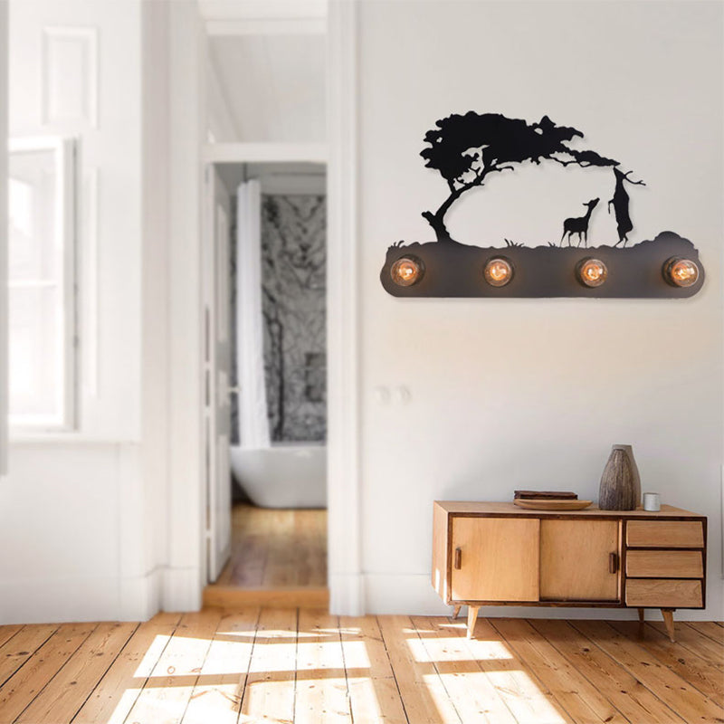 Lodge Open Bulb Wall Light with Elk/Horse/Sheep/Mountain/Windmill/Tree Design 4 Bulbs Metallic Wall Sconce in Black for Indoor Black Tree Clearhalo 'Wall Lamps & Sconces' 'Wall Lights' Lighting' 144343