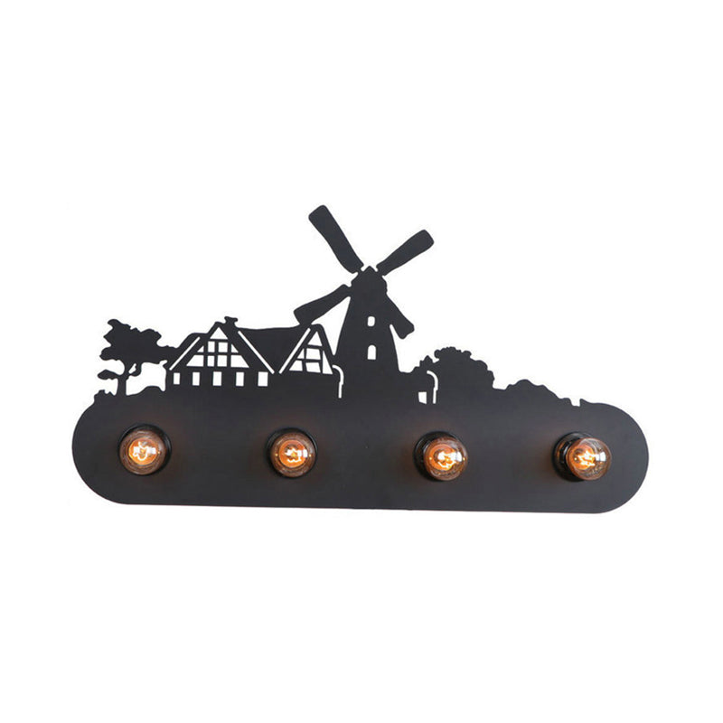 Lodge Open Bulb Wall Light with Elk/Horse/Sheep/Mountain/Windmill/Tree Design 4 Bulbs Metallic Wall Sconce in Black for Indoor Clearhalo 'Wall Lamps & Sconces' 'Wall Lights' Lighting' 144349