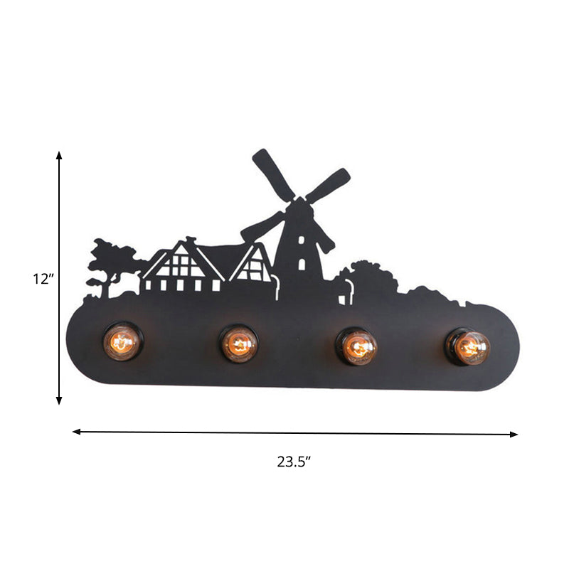 Lodge Open Bulb Wall Light with Elk/Horse/Sheep/Mountain/Windmill/Tree Design 4 Bulbs Metallic Wall Sconce in Black for Indoor Clearhalo 'Wall Lamps & Sconces' 'Wall Lights' Lighting' 144350