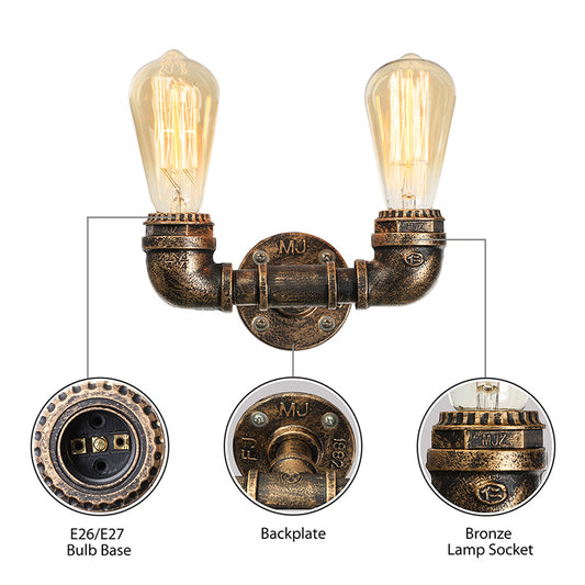 2 Heads Metal Wall Mount Light Industrial Black/Antique Brass Water Pipe Living Room Sconce Wall Light Clearhalo 'Art deco wall lights' 'Cast Iron' 'Glass' 'Industrial wall lights' 'Industrial' 'Middle century wall lights' 'Modern' 'Rustic wall lights' 'Tiffany' 'Traditional wall lights' 'Wall Lamps & Sconces' 'Wall Lights' Lighting' 144421